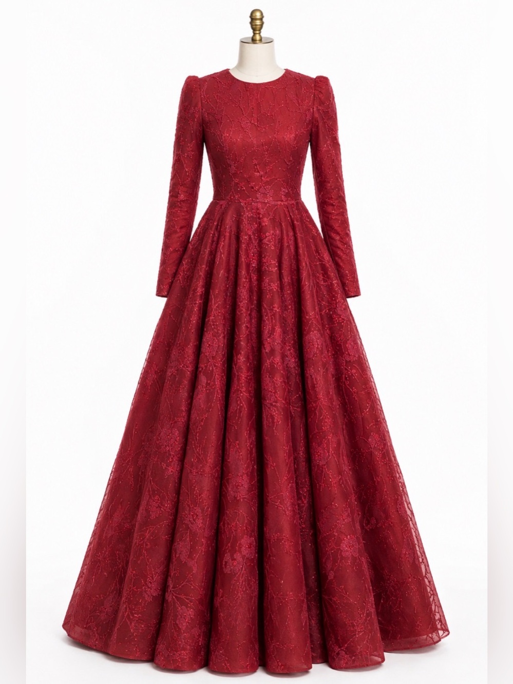 Formal Maroon Long-Sleeve Lace Ball Gown Dress